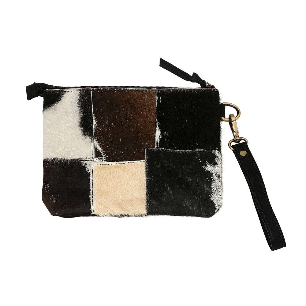 Genuine Leather Cowhide Calf Fur Patchwork Wristlet Pouch Clutch Bag
