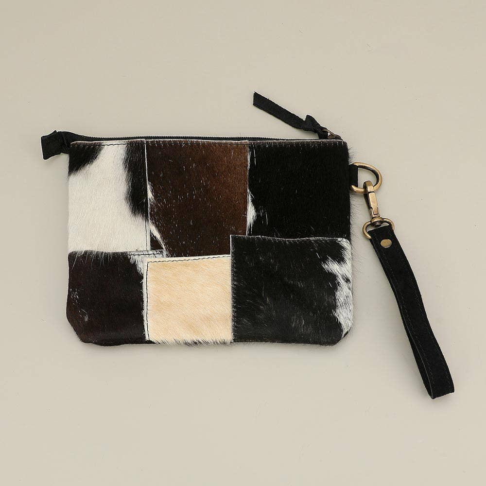 Genuine Leather Cowhide Calf Fur Patchwork Wristlet Pouch Clutch Bag