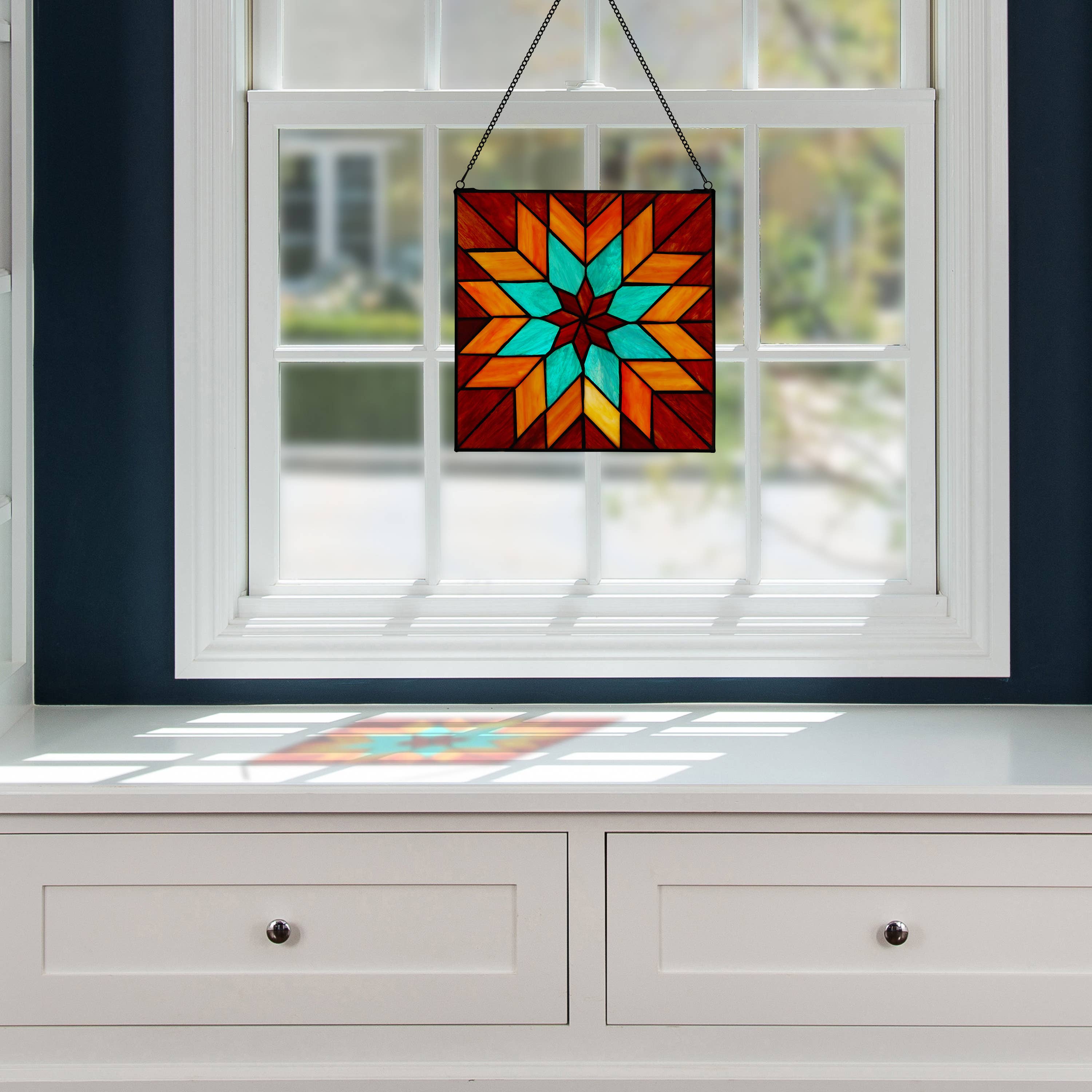 Red & Teal Quilt Square Stained Glass Window Panel