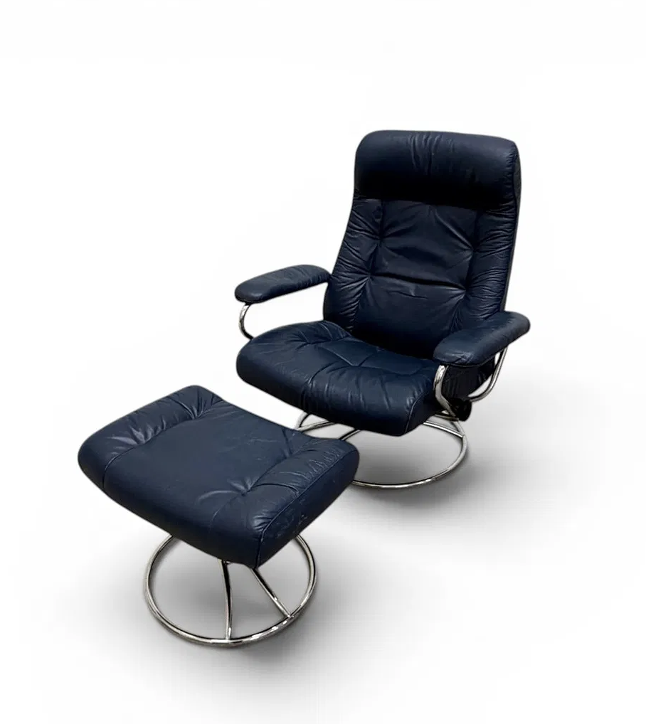 Ekornes Stressless blue leather and chrome lounge chair and ottoman