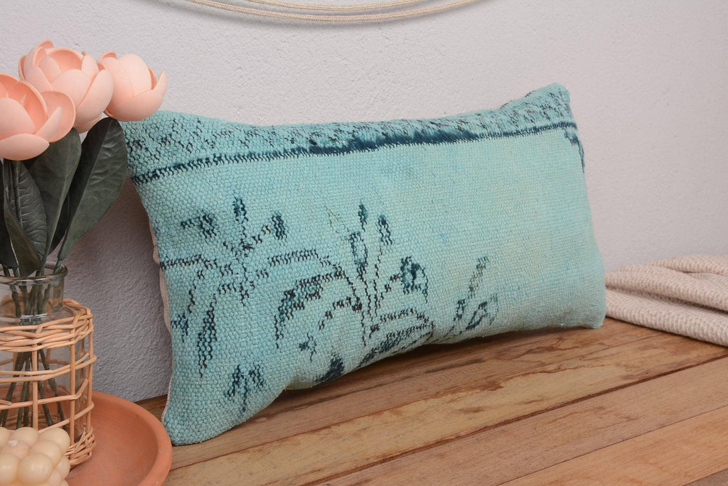 Turkish Kilim Aqua Throw Pillow 12x24